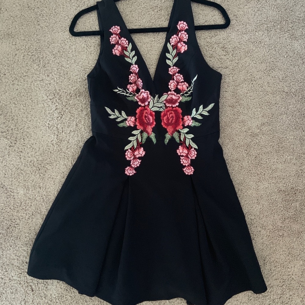 Essue black skater dress with rose embroidery